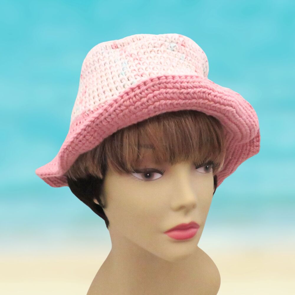 Crocheted Bucket Hat for Women Beige and Mauve Casual Outdoor Headwear